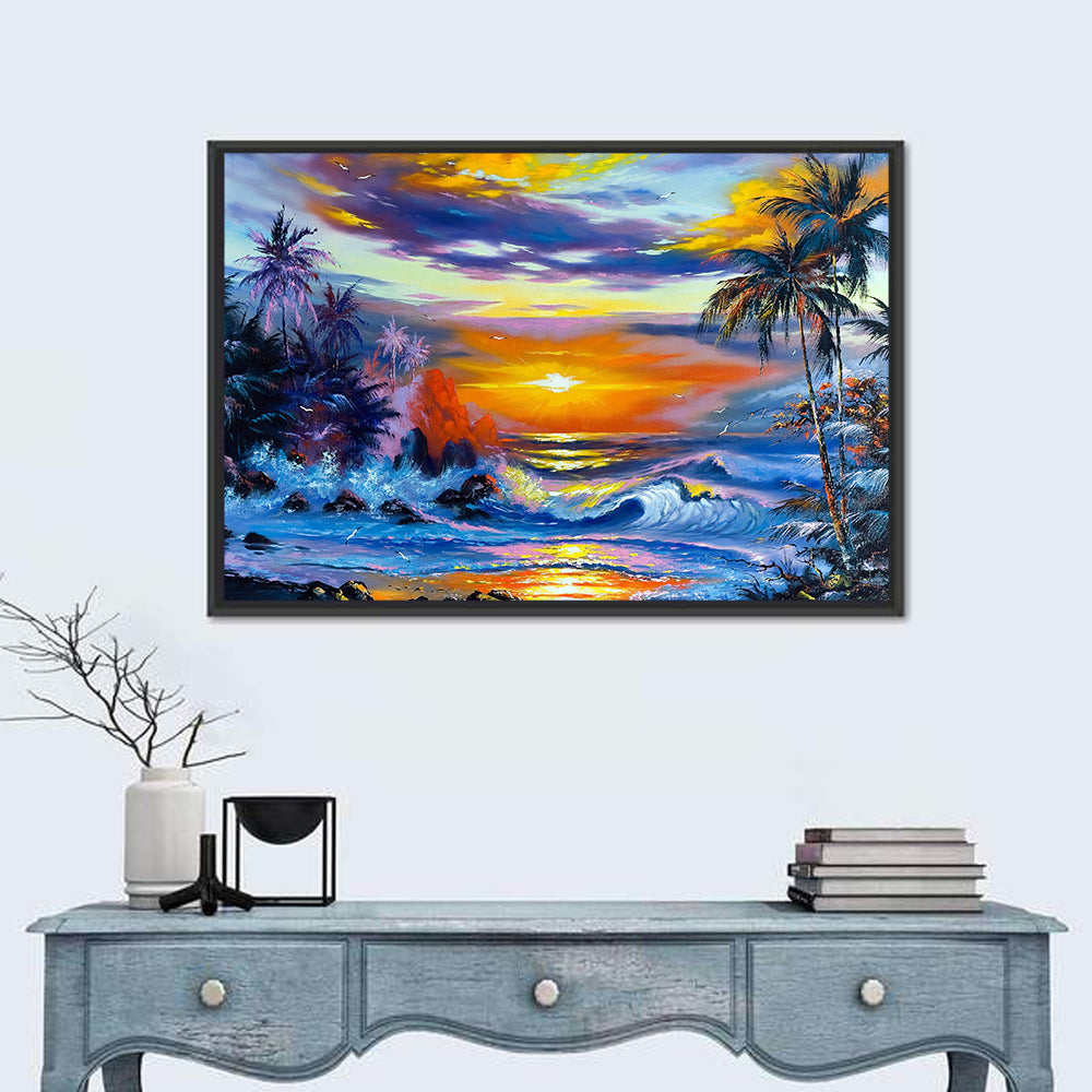 Evening Coastal Sunset with Palm Silhouettes Wall Art
