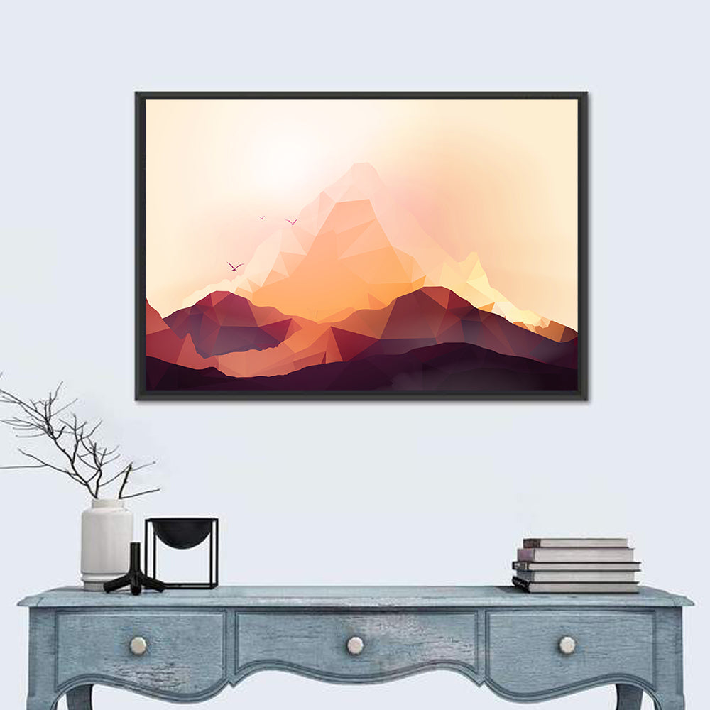 Geometric Mountain Sunset Illustration Wall Art in a room, landscape