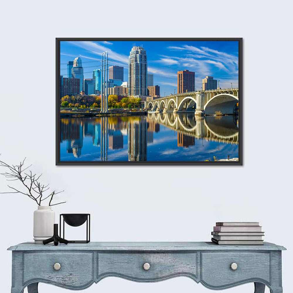 Minneapolis Skyline with Third Avenue Bridge Wall Art in a room, landscape
