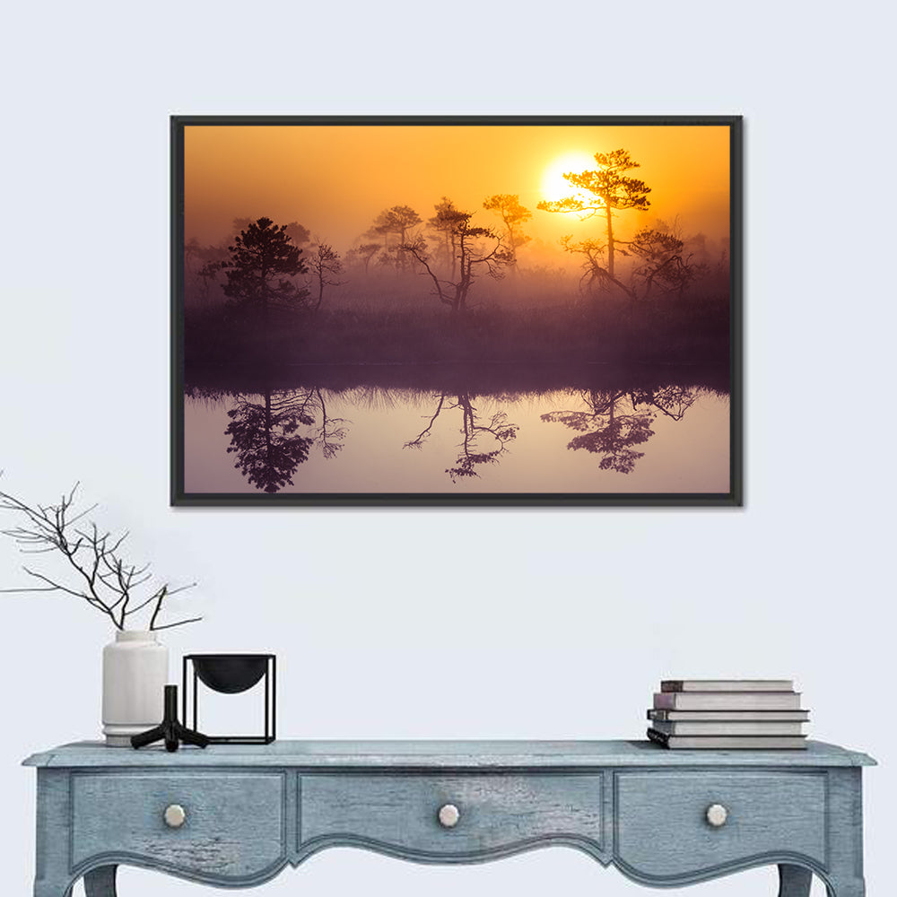 Misty Golden Lake Sunrise Wall Art