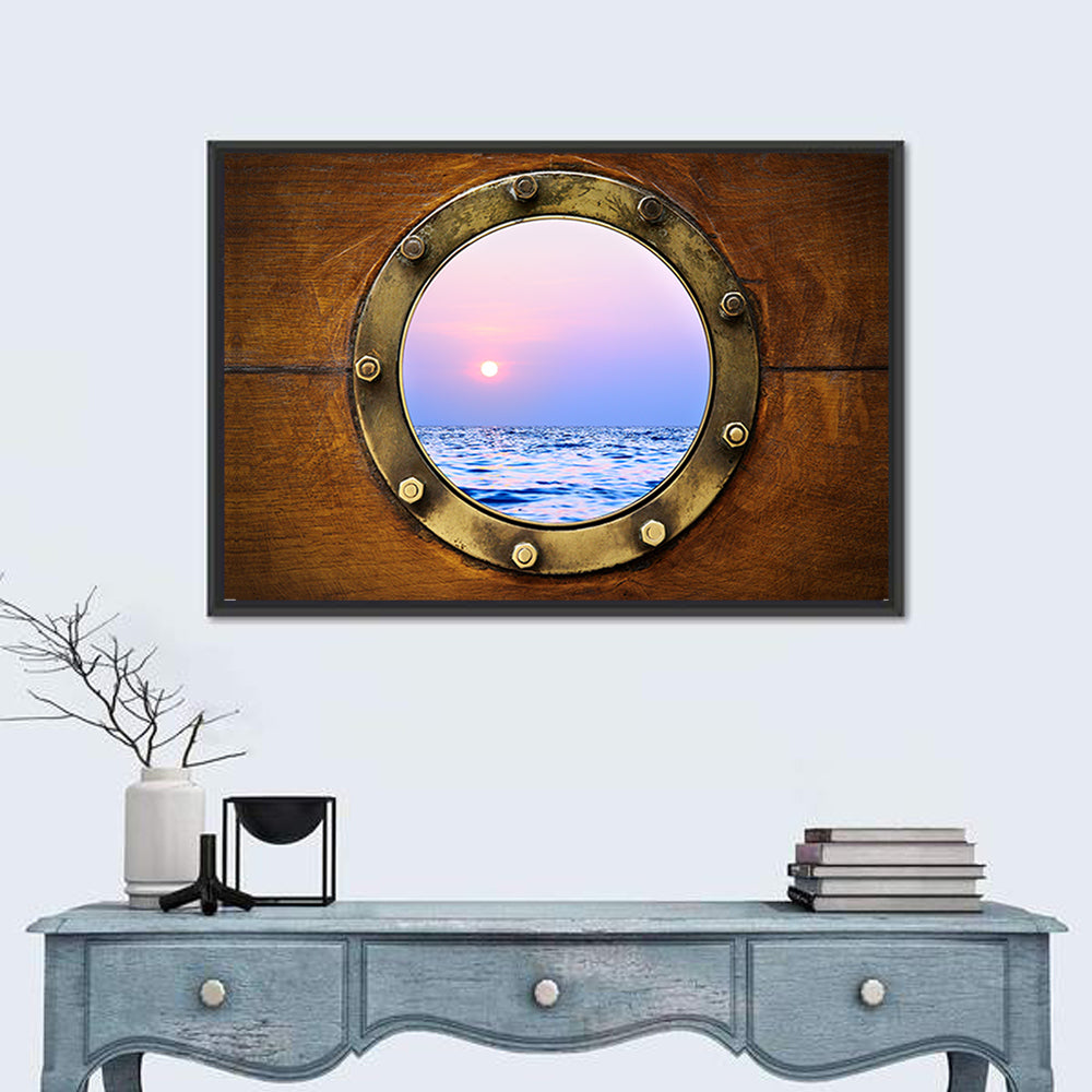 Brass Porthole with Sunset Horizon Wall Art in a room, landscape