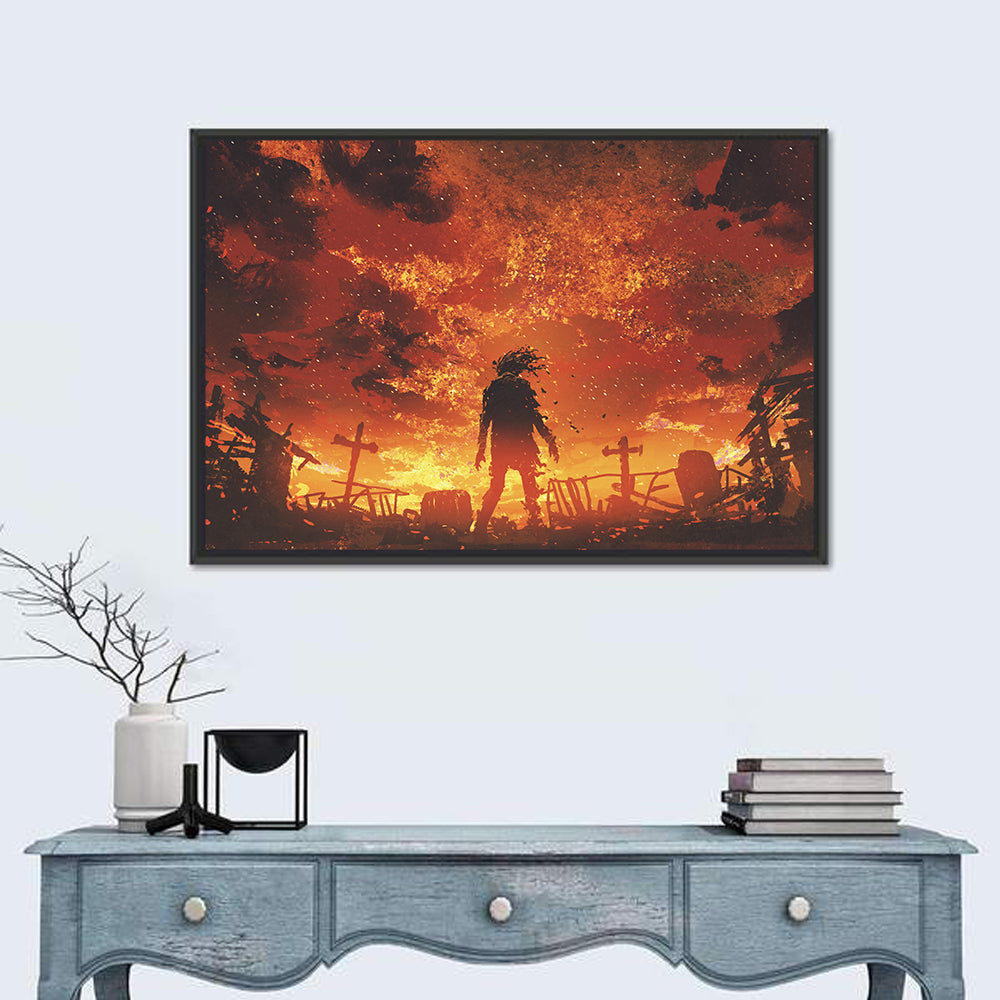 Zombie Walking Through Burnt Cemetery Wall Art