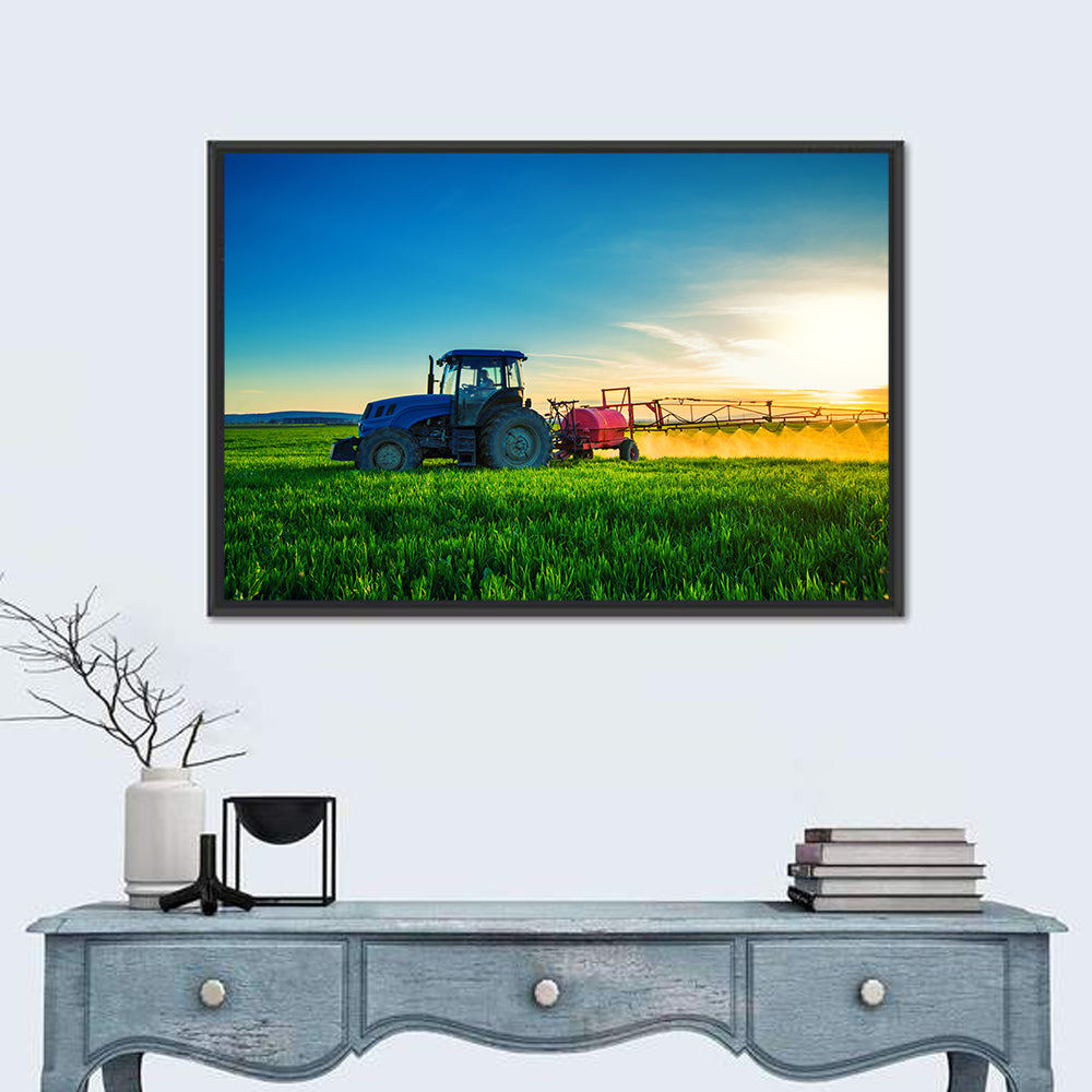 Tractor Spraying Crops at Golden Hour Wall Art in a room, landscape