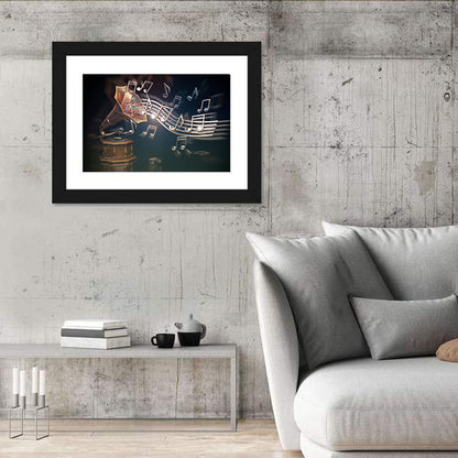 Gramophone with Flowing Musical Staff Wall Art