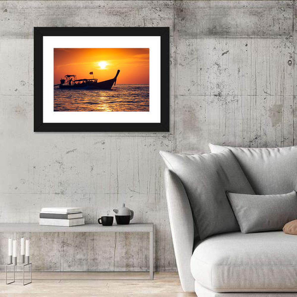 Longtail Boat at Sunset Wall Art in a room, landscape