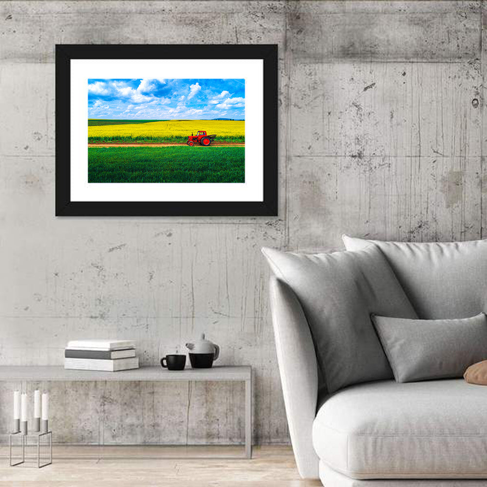 Red Tractor Over Yellow Rapeseed Field Wall Art in a room, landscape