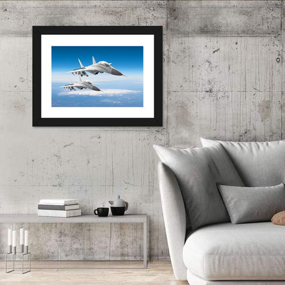 Two Fighter Jets in Formation Wall Art in a room, landscape