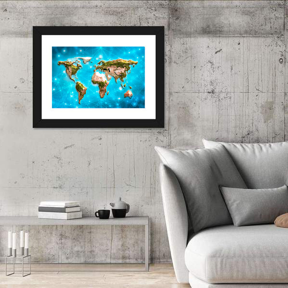 Geometric World Map Illustration Wall Art in a room, landscape