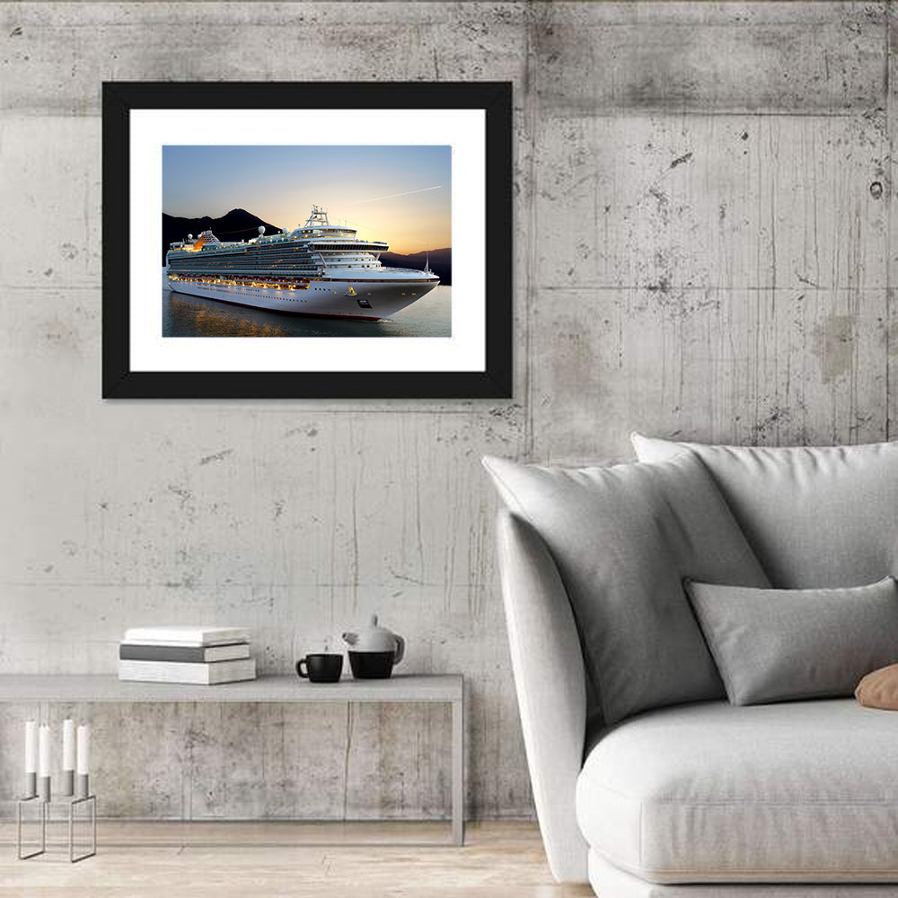 Cruise Ship at Sunset Wall Art in a room, landscape