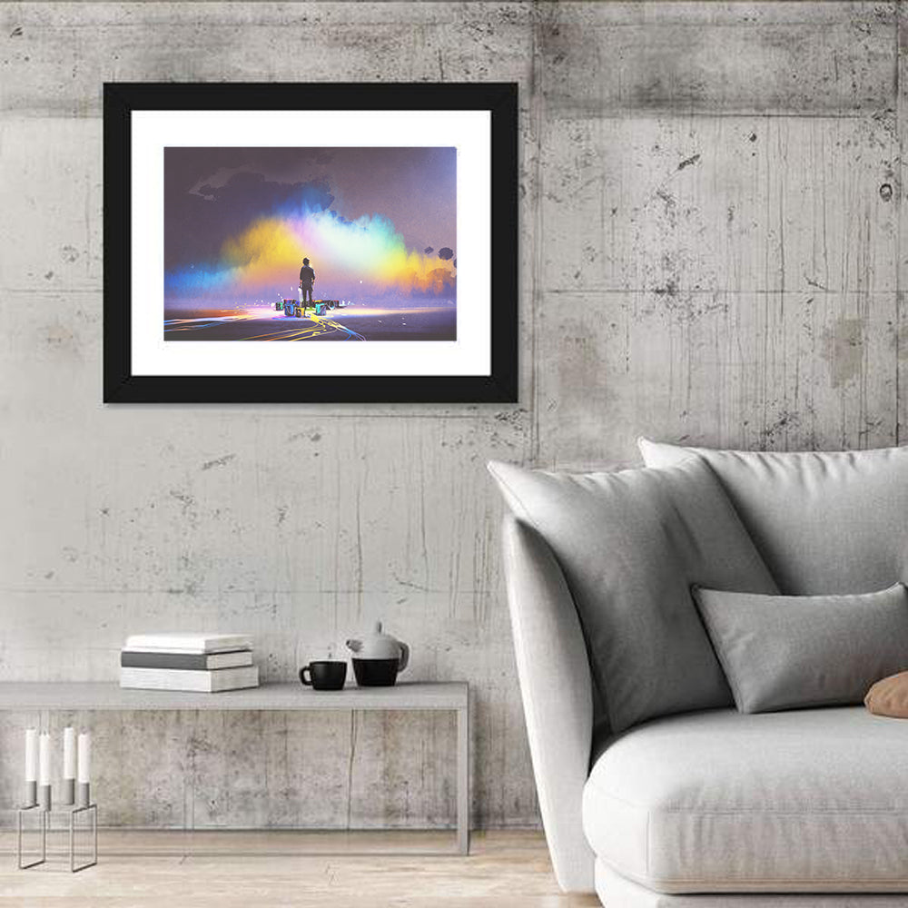 Silhouette with Paint Buckets and Rainbow Light Wall Art