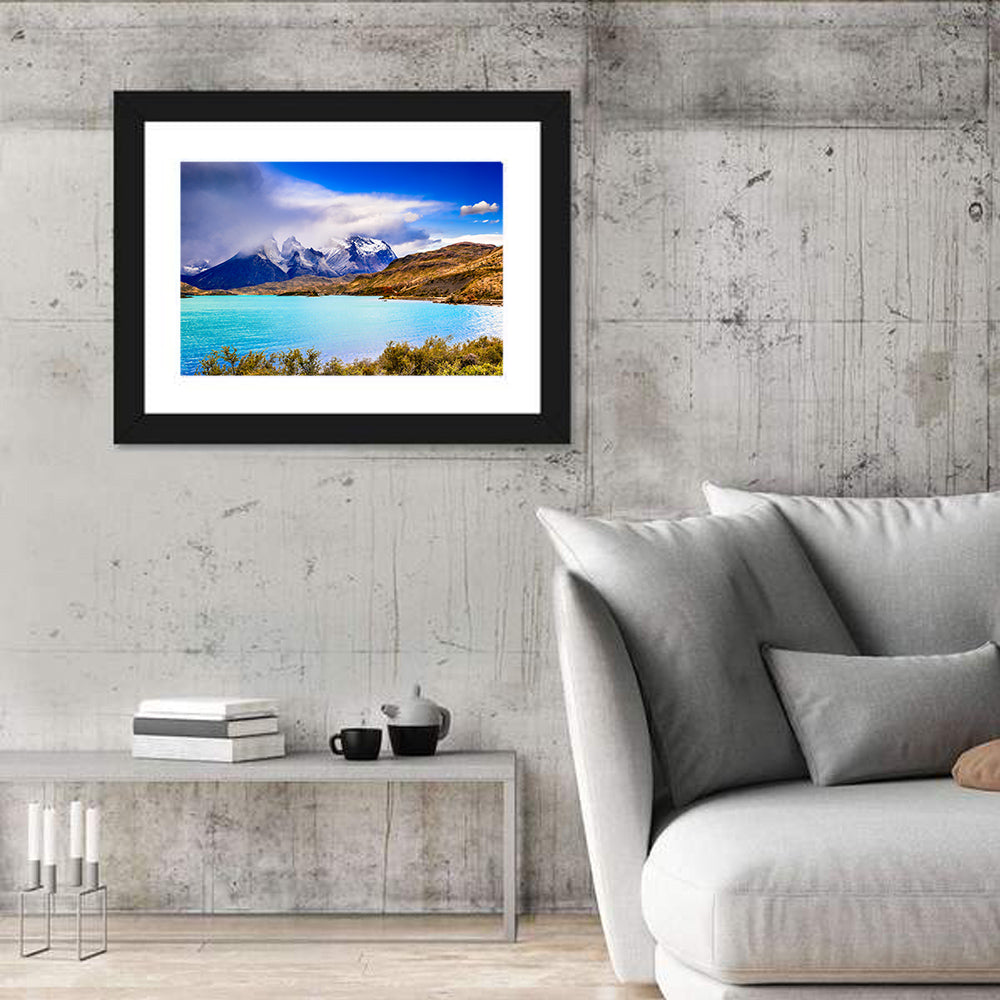Torres Del Paine Mountain Lake Wall Art in a room, landscape