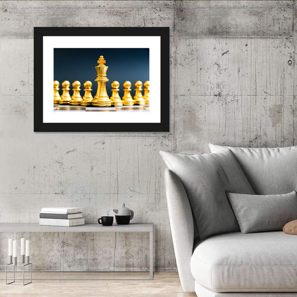 Golden King with Pawns Wall Art in a room, landscape