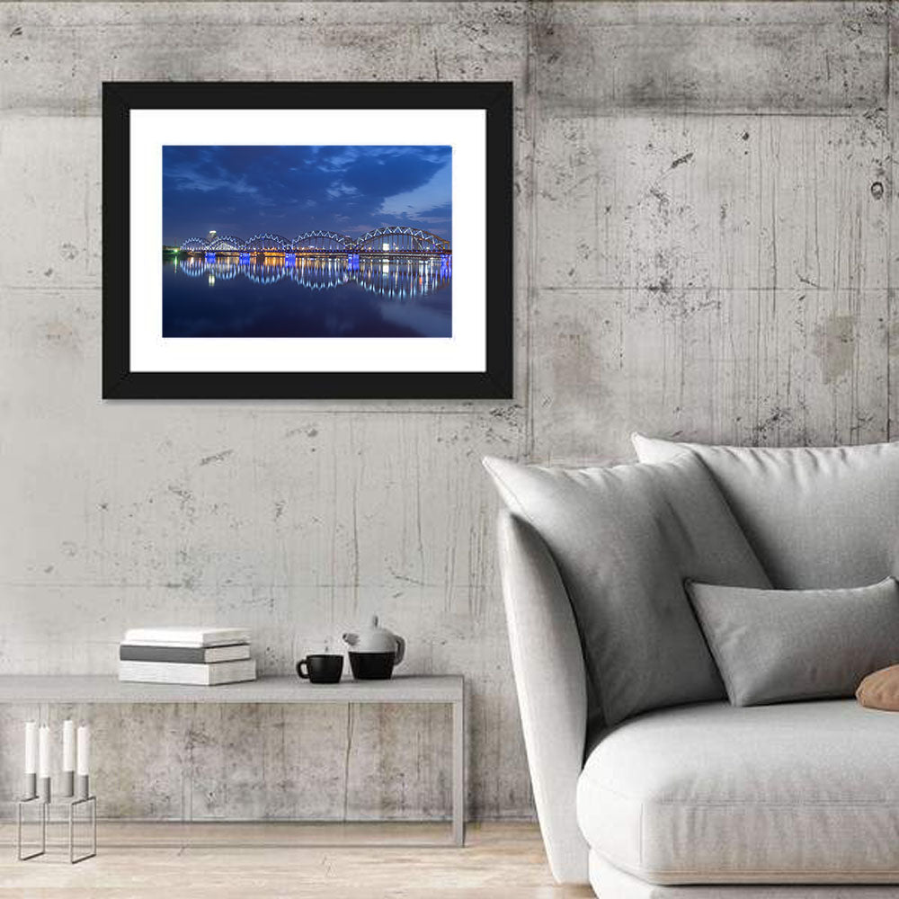 Riga Railway Bridge at Night Wall Art in a room, landscape