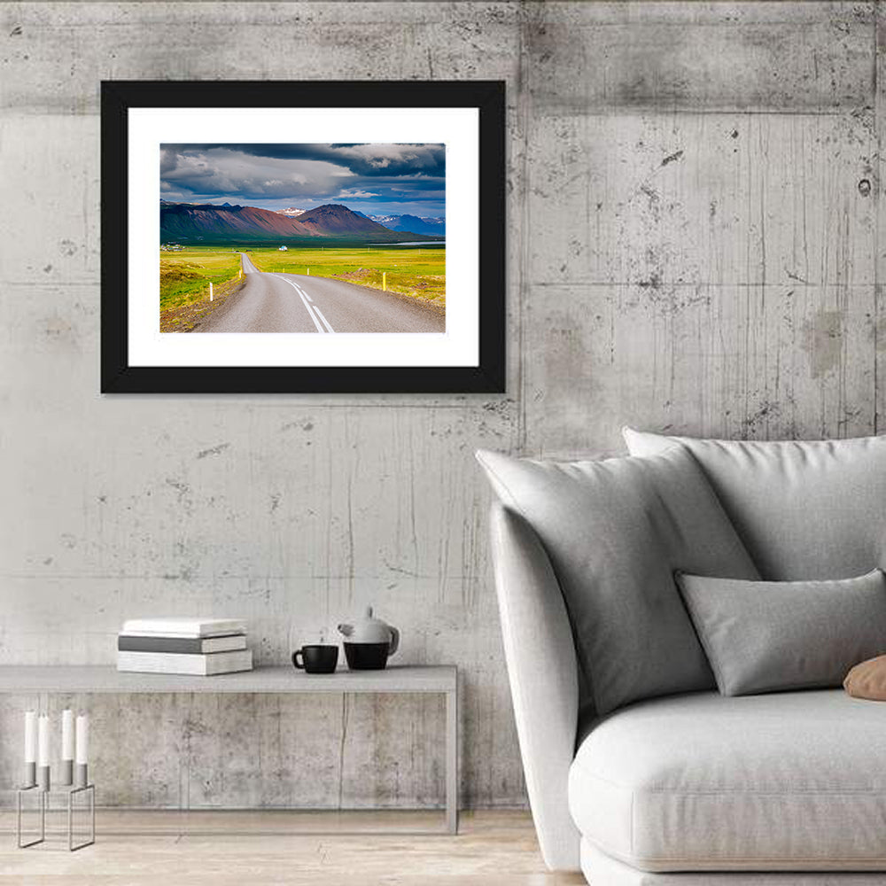 Icelandic Winding Road Toward Mountains Wall Art in a room, landscape