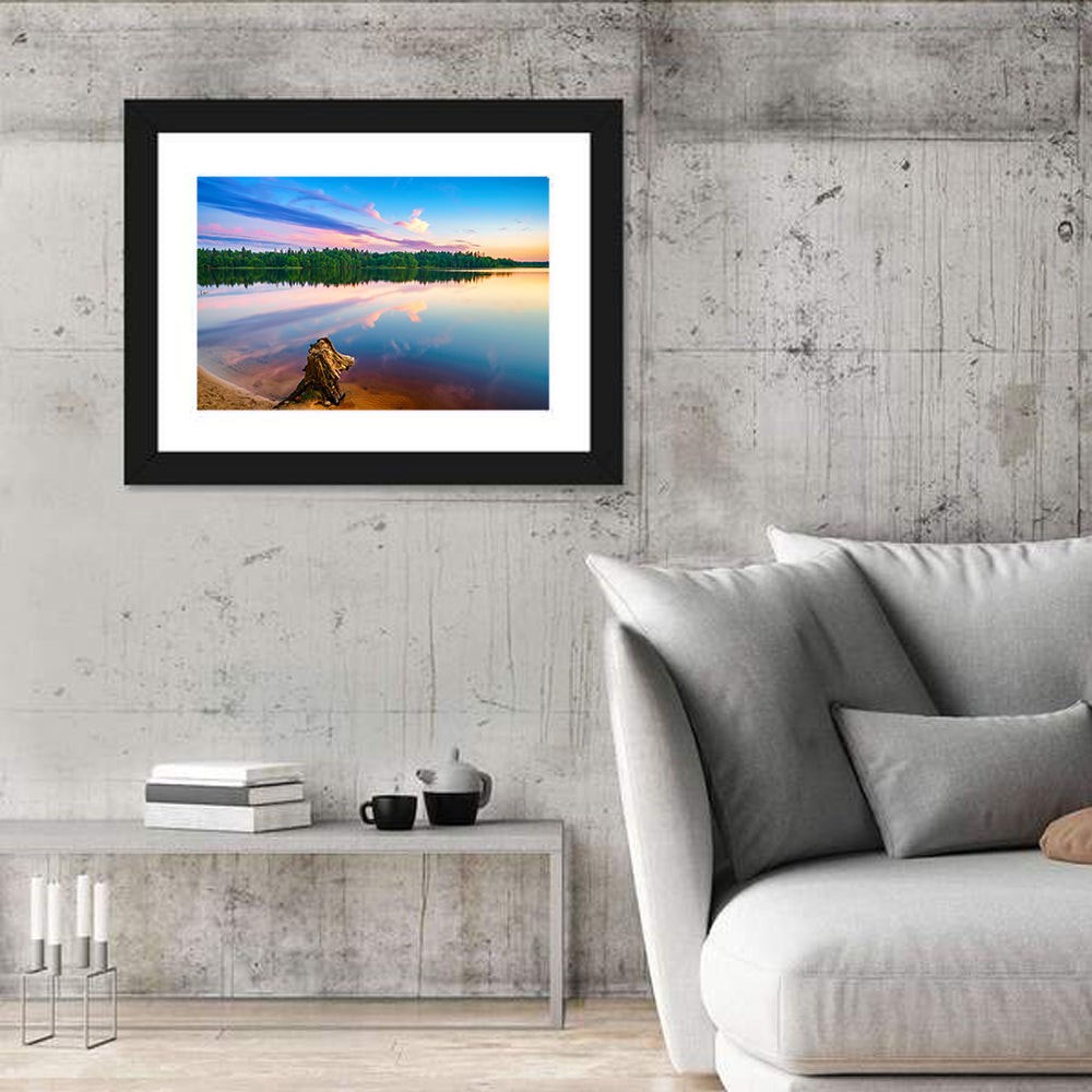 Colorful Sunset Over Forest Lake Wall Art in a room, landscape