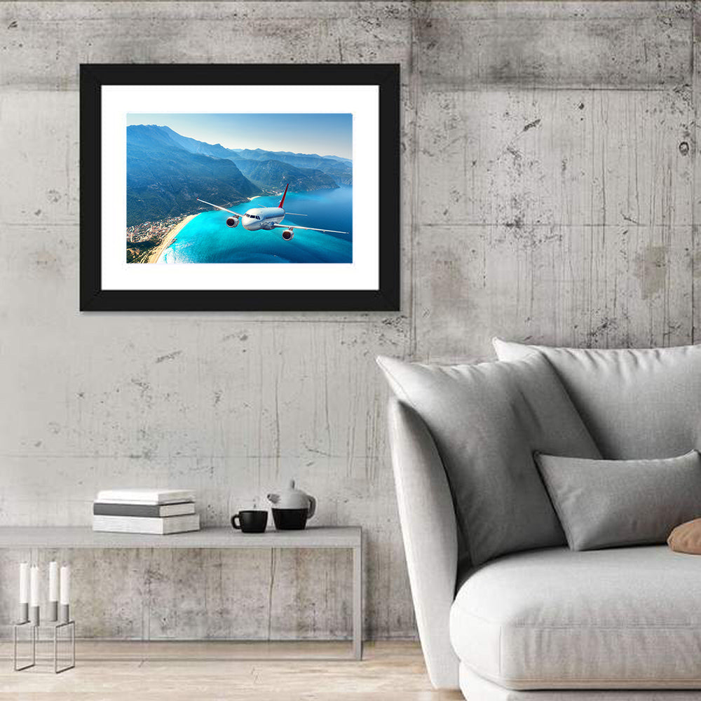 Airplane Over Turquoise Coast Wall Art in a room, landscape