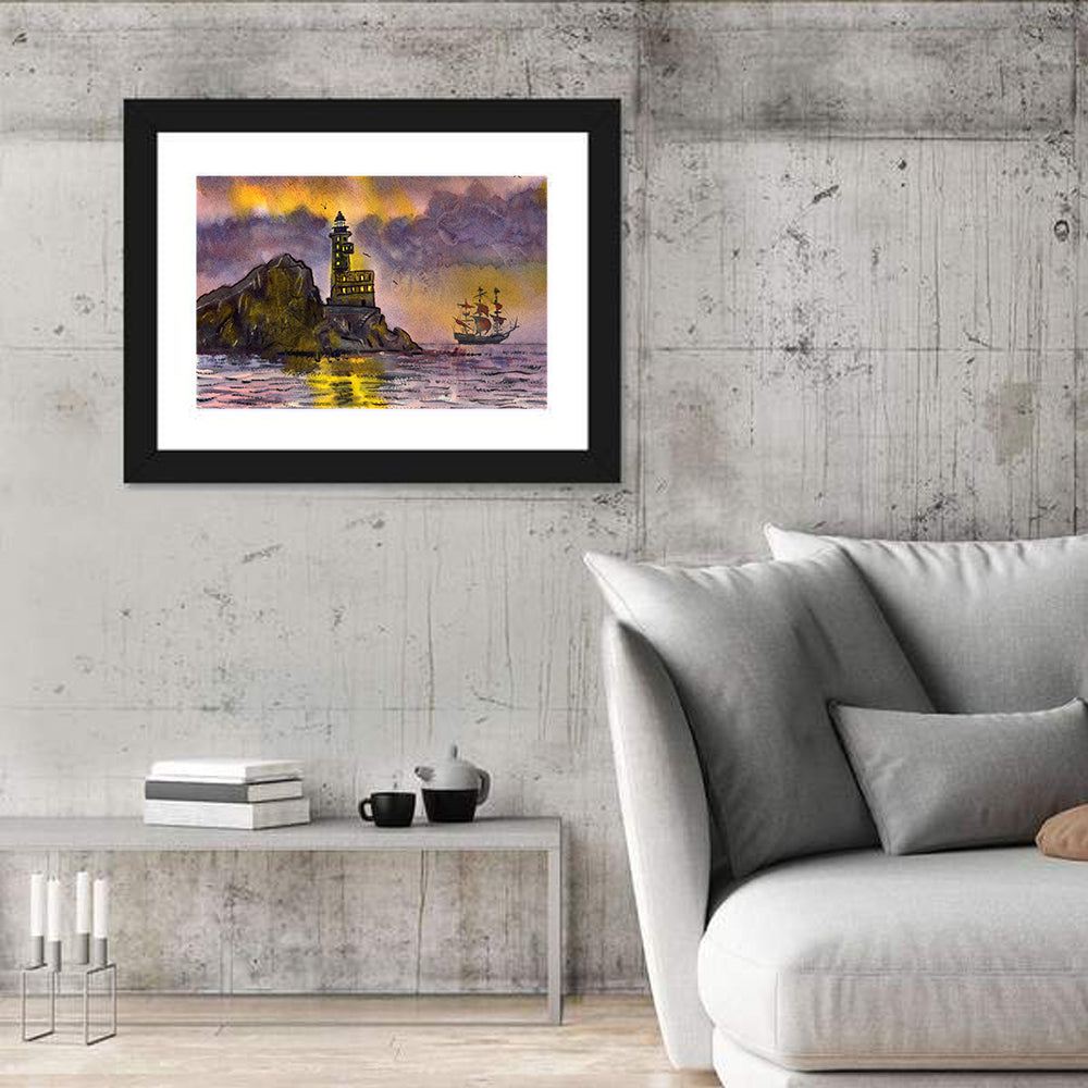Lighthouse and Sailing Ship at Dusk Wall Art