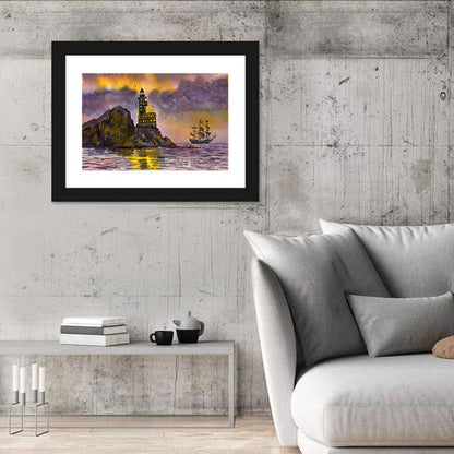 Lighthouse and Sailing Ship at Dusk Wall Art