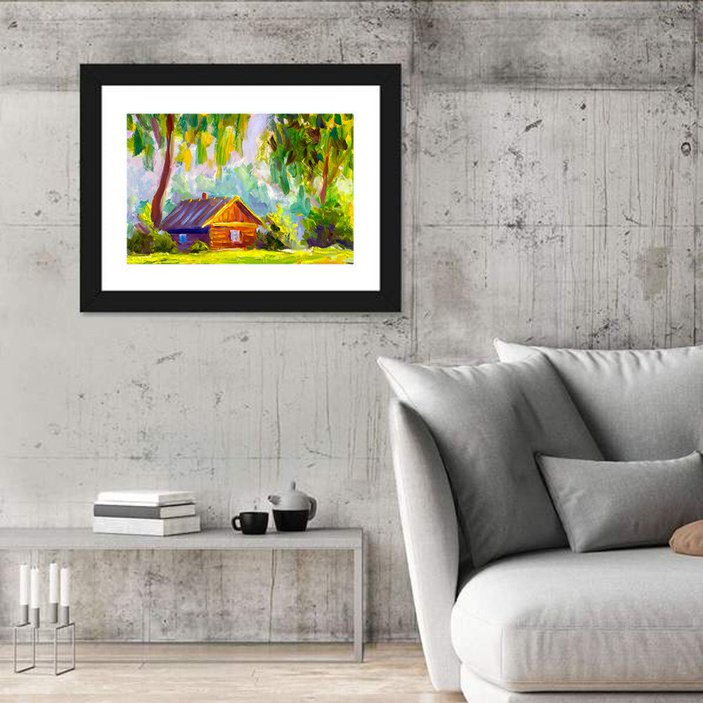 Impressionist Log Cabin in Green Forest Wall Art in a room, landscape