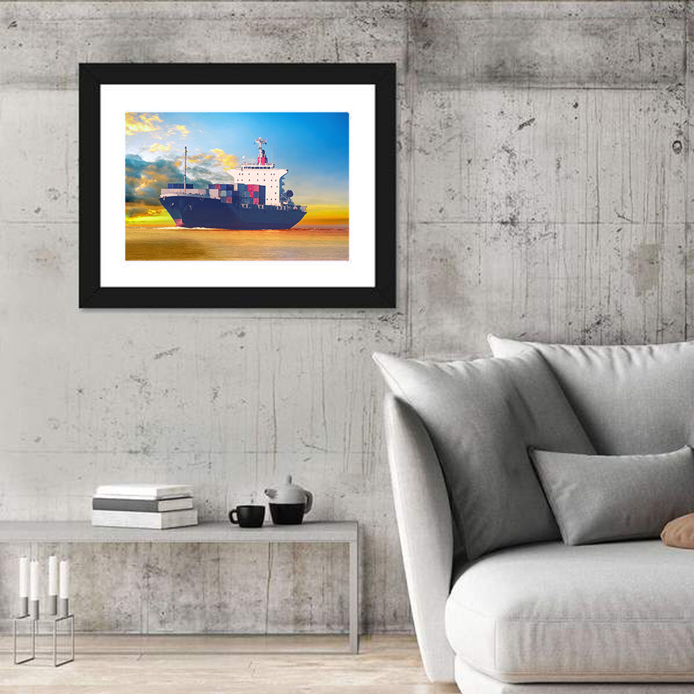 Container Ship at Golden Sunset Wall Art in a room, landscape