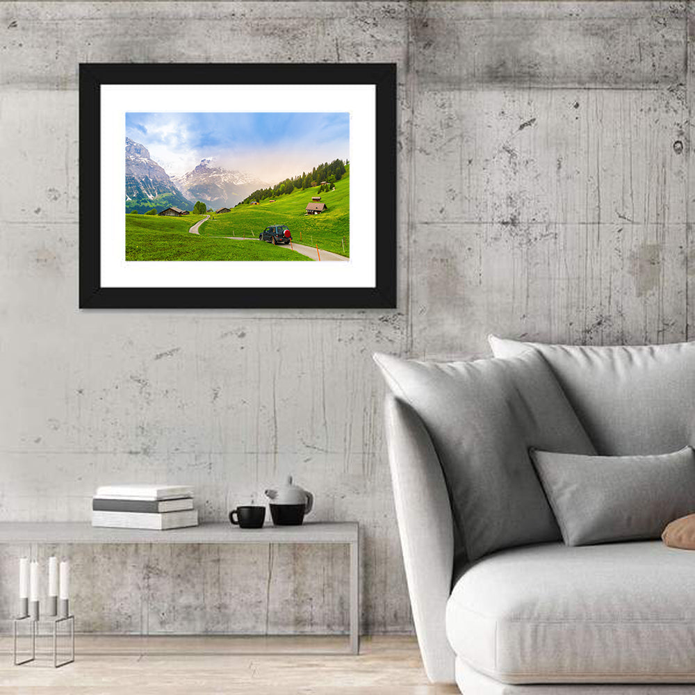 Grindelwald Alpine Village Road Wall Art in a room, landscape