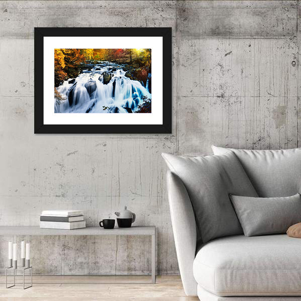 Mossy Autumn Forest Waterfall Wall Art