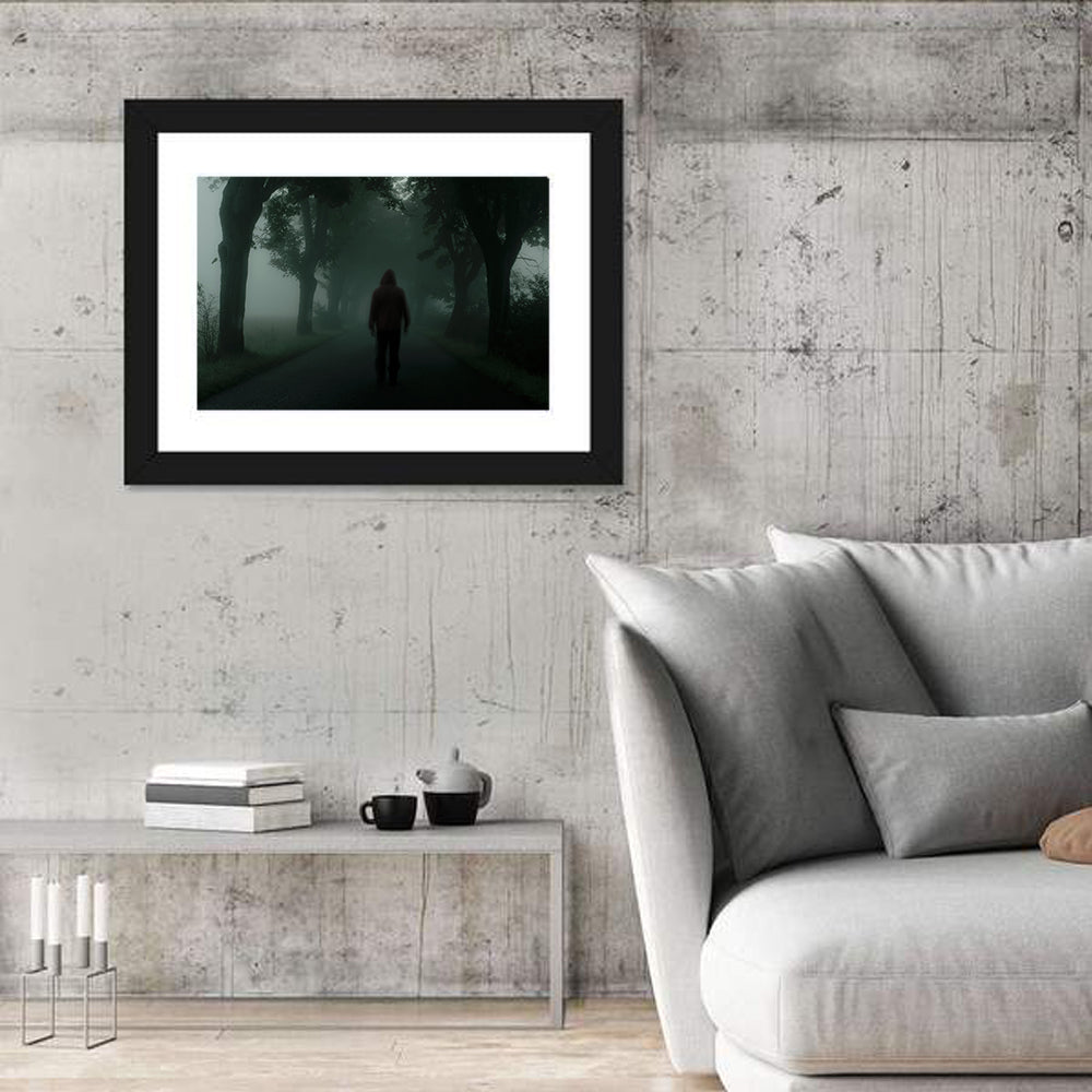 Hooded Silhouette on Foggy Forest Road Wall Art