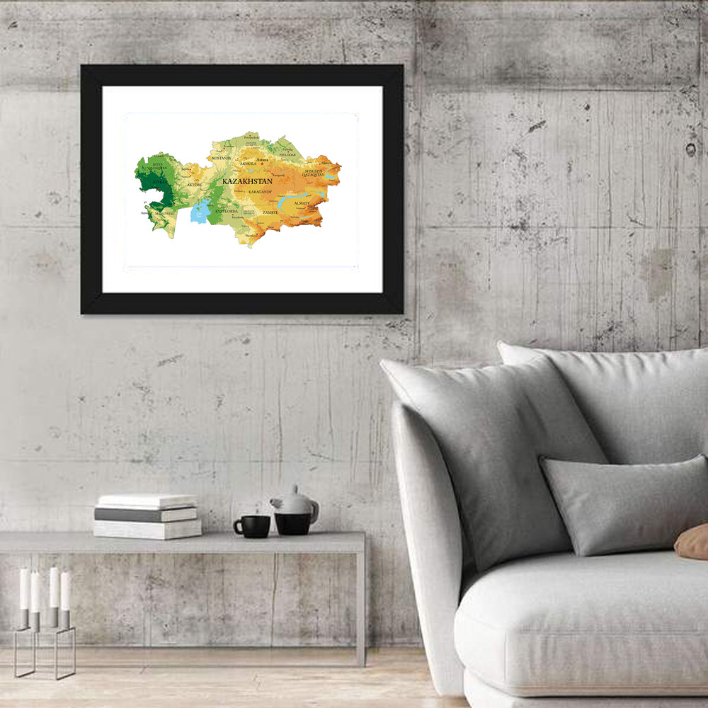 Kazakhstan Relief Map, Color-coded Terrain Wall Art in a room, landscape