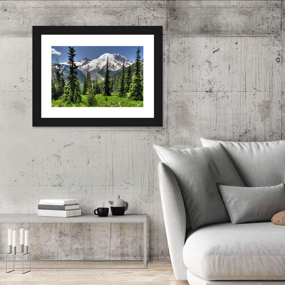 Mount Rainier Framed by Pine Trees Wall Art in a room, landscape