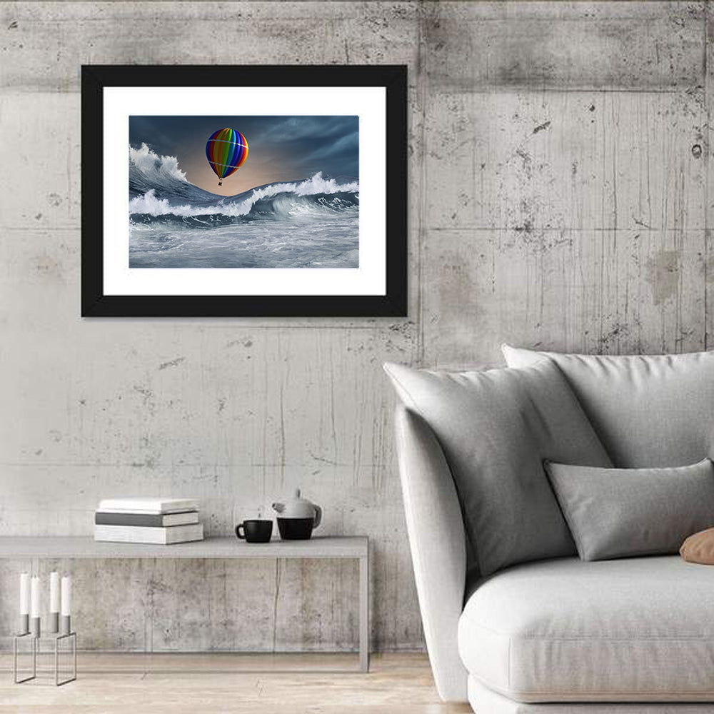 Hot Air Balloon Above Stormy Sea Wall Art in a room, landscape