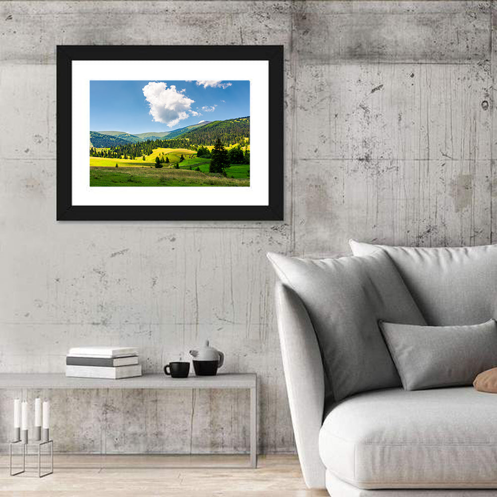 Sunlit Haystacks on Rolling Grassy Hills Wall Art in a room, landscape