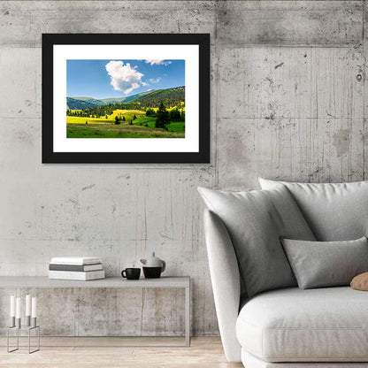 Sunlit Haystacks on Rolling Grassy Hills Wall Art