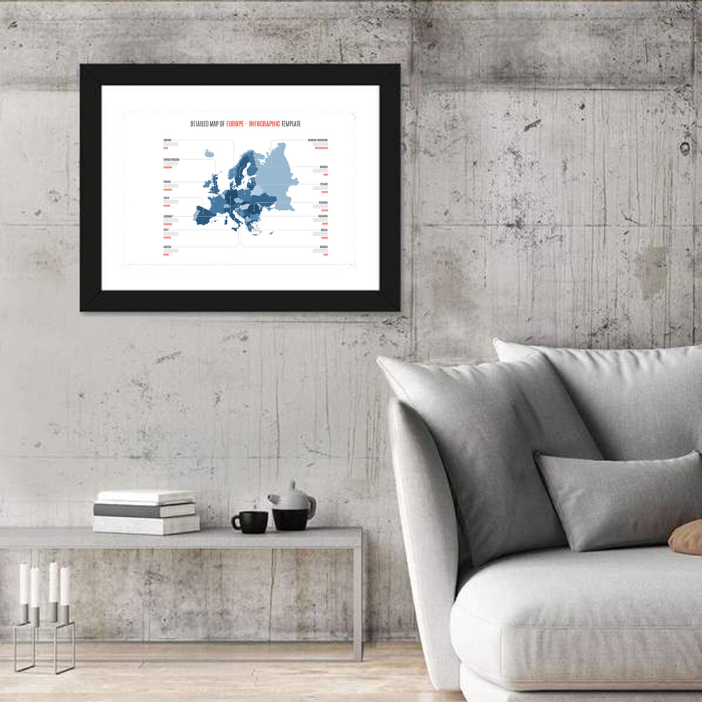 Detailed Map of Europe Infographic Wall Art in a room, landscape