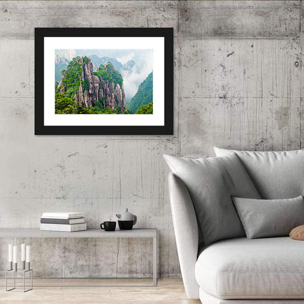 Mount Huangshan Misty Peaks Wall Art in a room, landscape