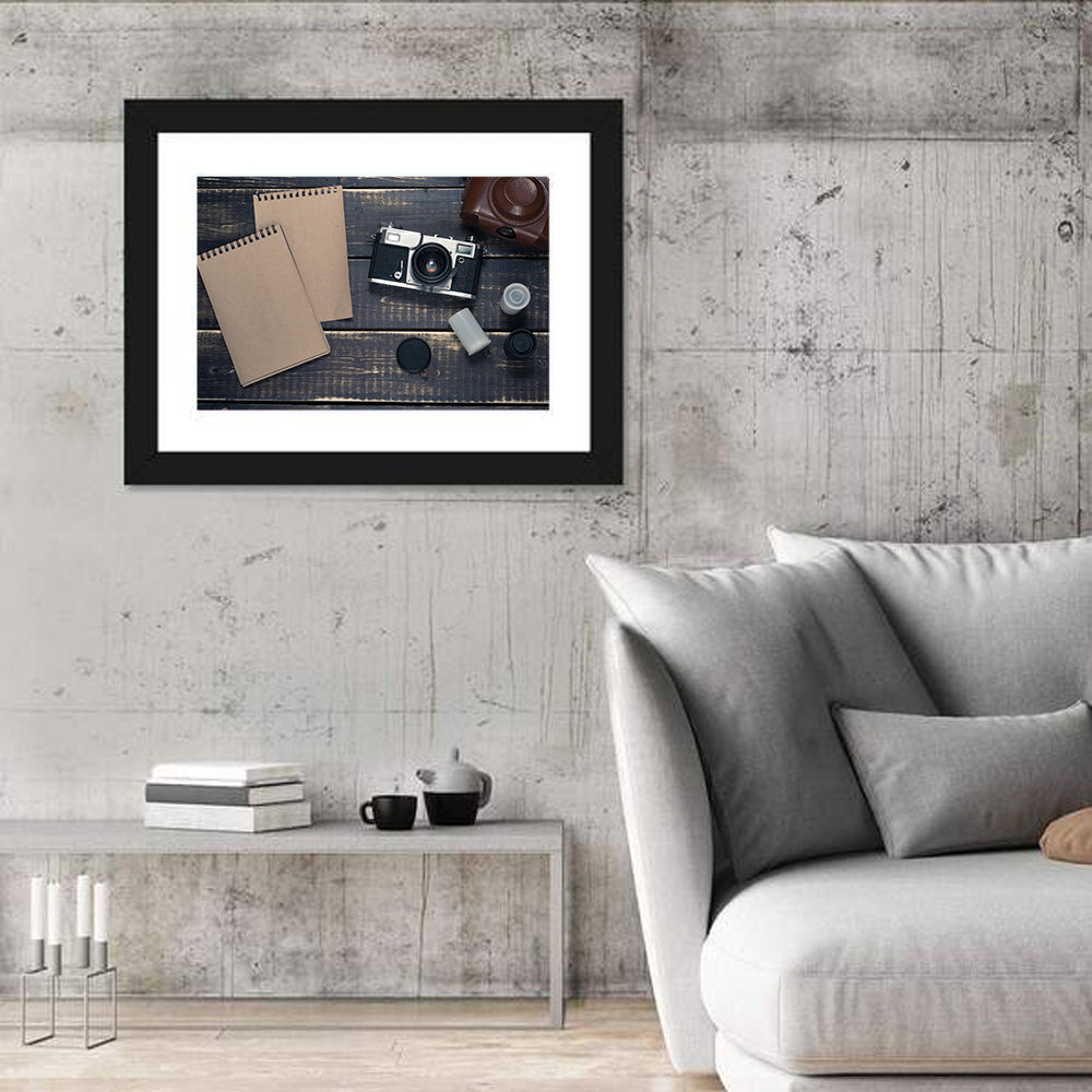Vintage Rangefinder Camera Still Life Wall Art in a room, landscape