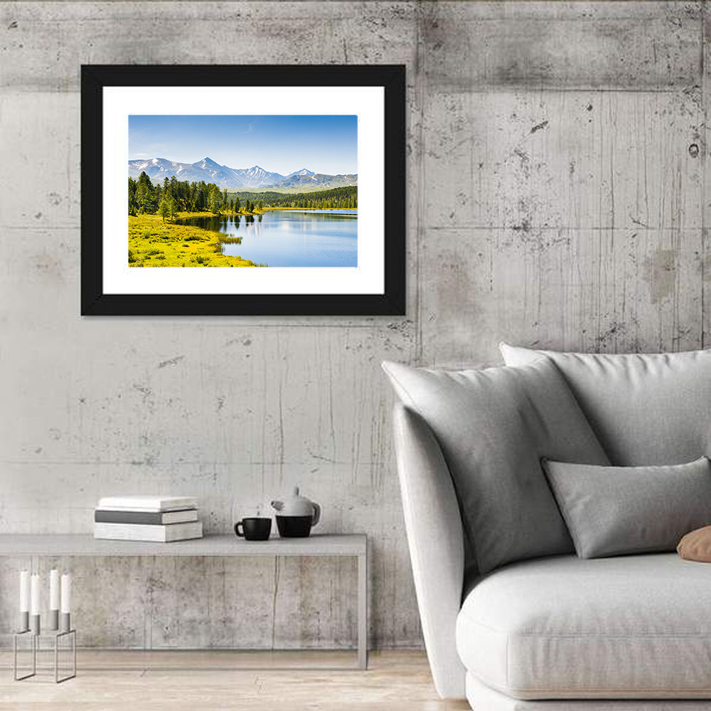 Altai Lake with Snow Capped Peaks Wall Art in a room, landscape