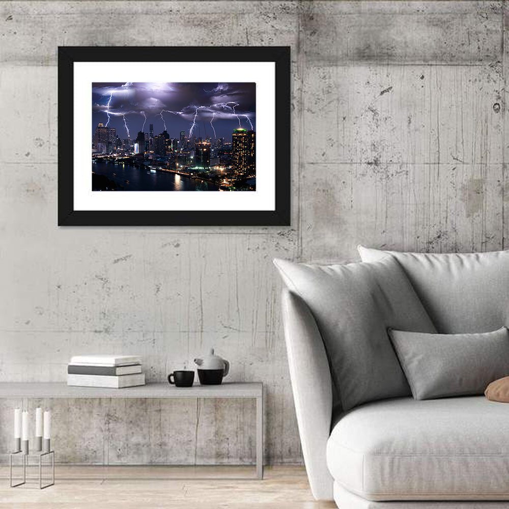 Night Lightning Over River Skyline Wall Art in a room, landscape