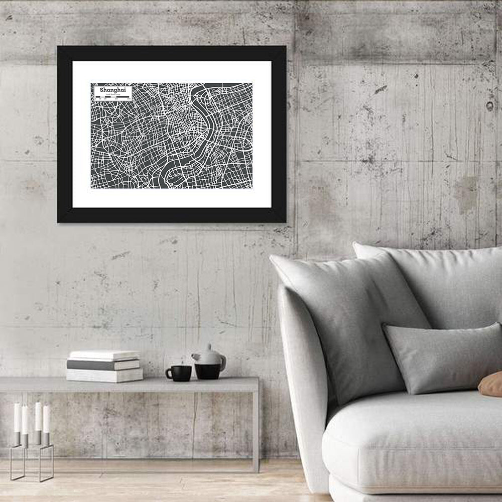 Shanghai Street Grid Map Wall Art in a room, landscape