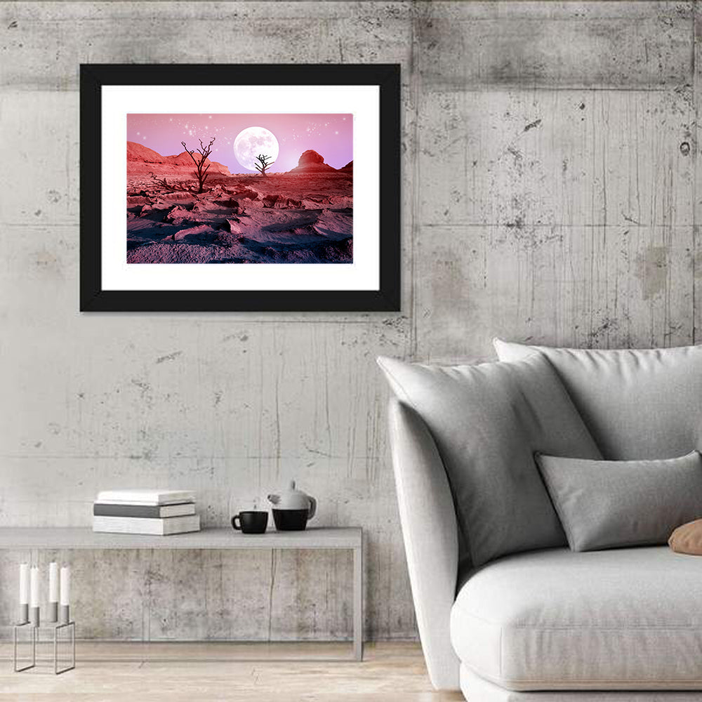 Desert Moon with Silhouetted Trees Wall Art in a room, landscape