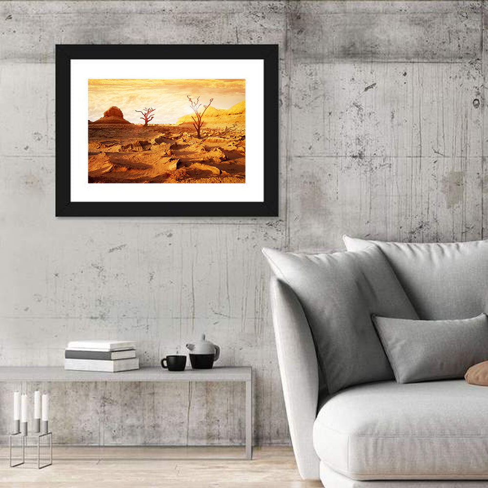Skeletal Trees in Golden Desert Wall Art in a room, landscape