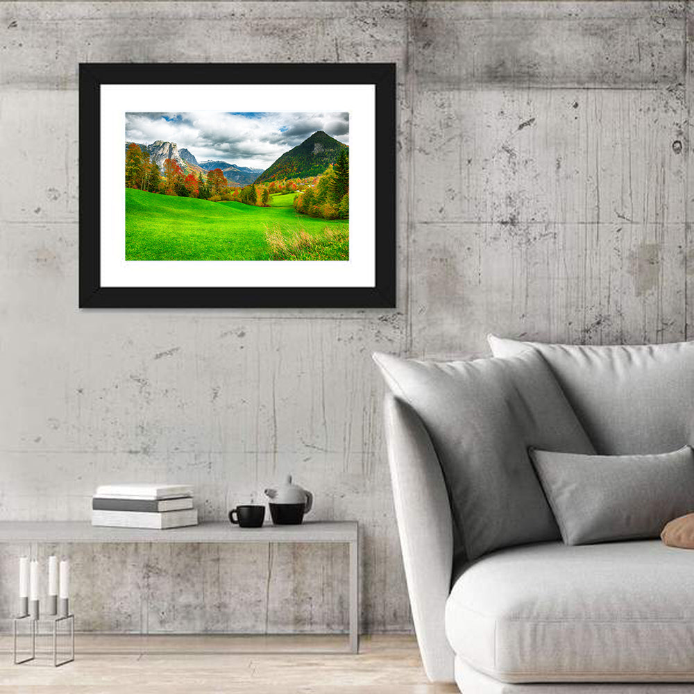Austrian Alpine Meadow in Autumn Wall Art in a room, landscape