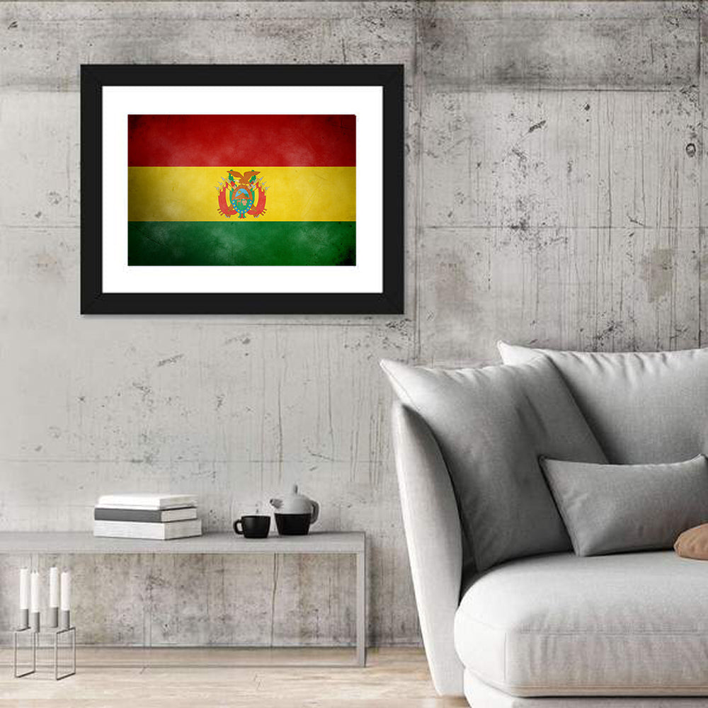 Vintage Bolivian Flag with Coat of Arms Wall Art in a room, landscape