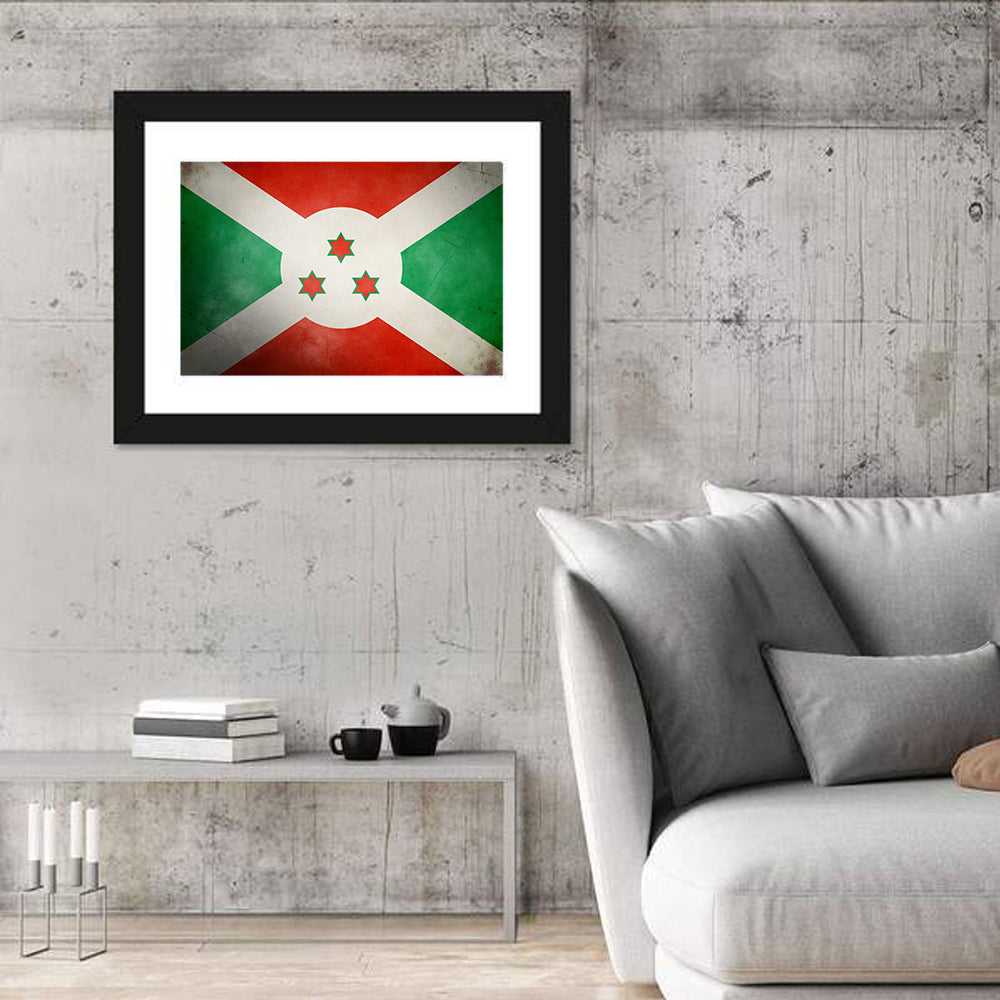 Vintage Burundi Flag Wall Art in a room, landscape