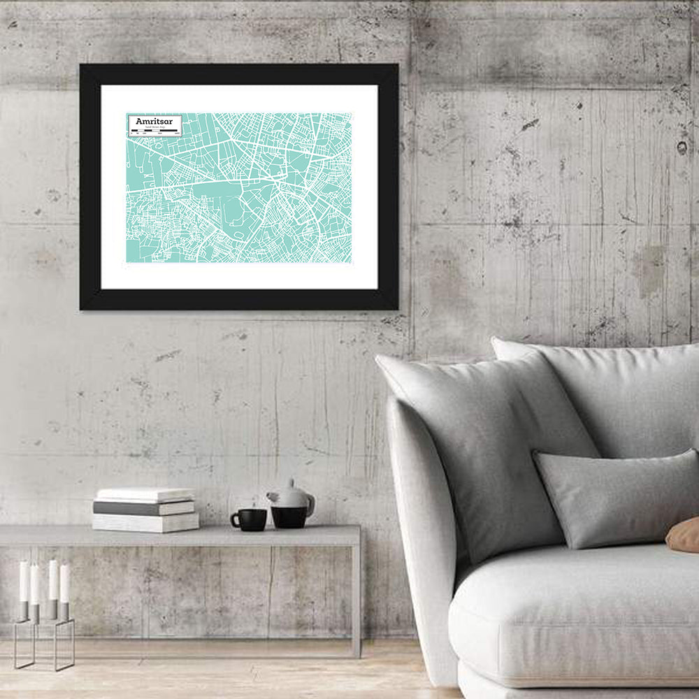 Amritsar Teal City Map Wall Art in a room, landscape