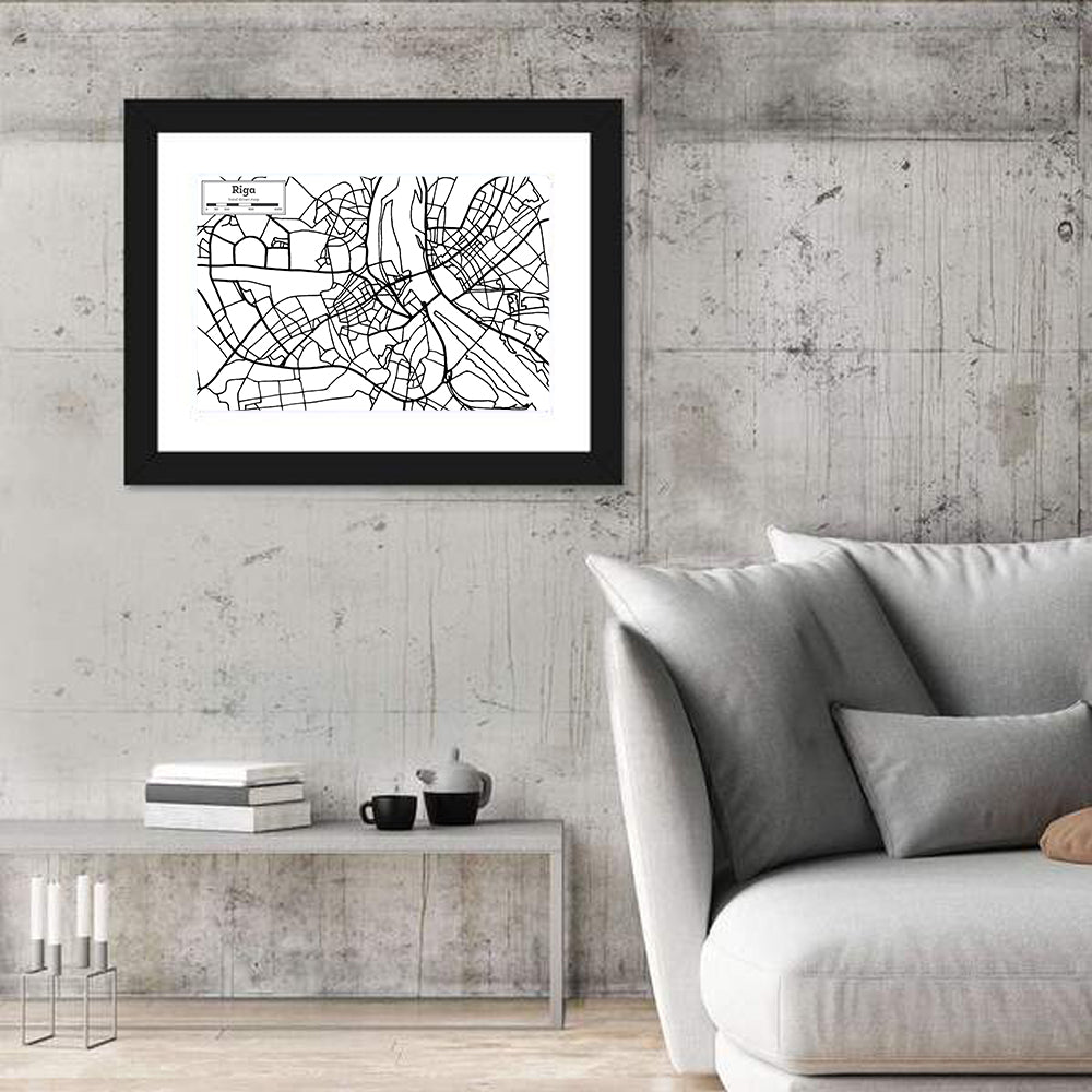 Riga City Map Wall Art in a room, landscape