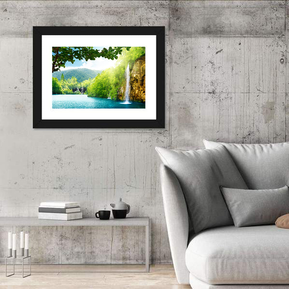 Plitvice Lakes Forest Waterfall Wall Art in a room, landscape