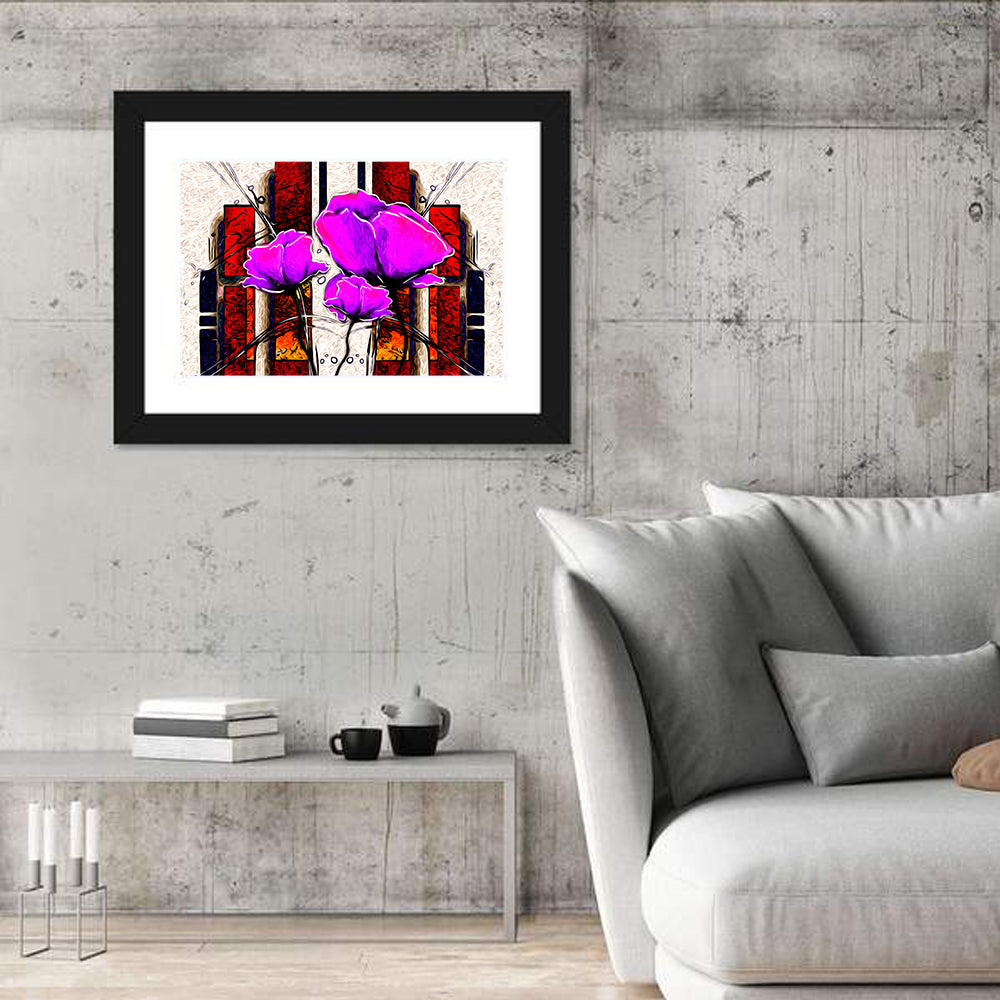 Purple Poppies Illustration Wall Art in a room, landscape