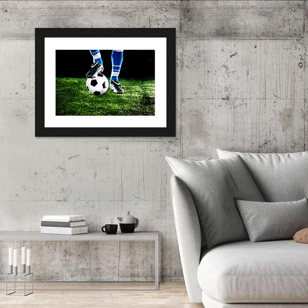 Soccer Ball Underfoot Close-up Wall Art in a room, landscape