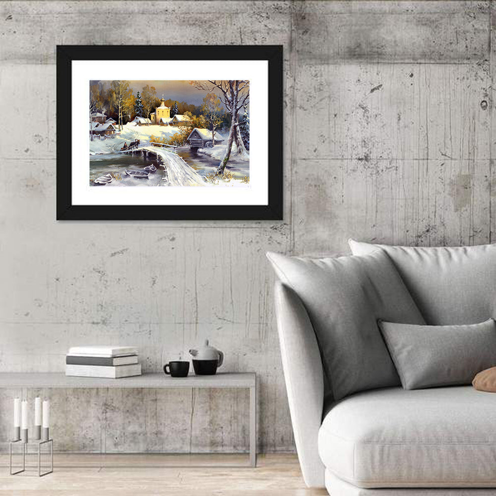 Snowy Village Bridge Wall Art