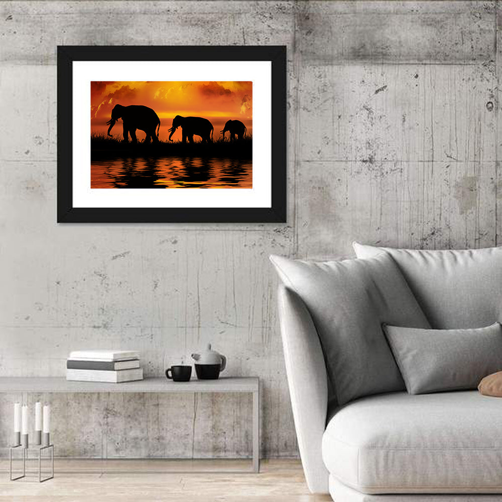 Elephants at Sunset Wall Art in a room, landscape